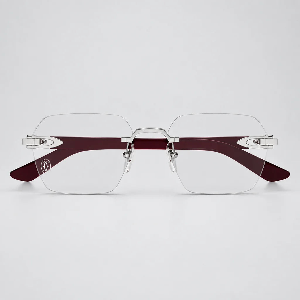 Signature C de Cartier Rimless Rectangular Burgundy Wood Temples and Clear Eyeglasses