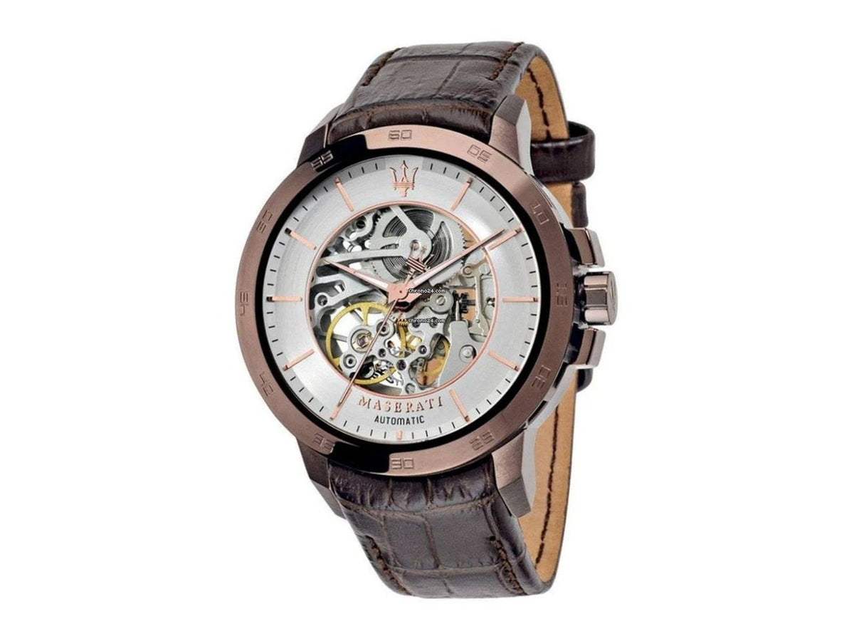 Maserati Ingegno Automatic Skeleton White Dial Brown Leather Strap Watch For Men - R8821119003