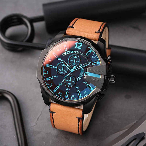 Diesel Mega Chief Chronograph Black Dial Brown Leather Strap Watch For Men - DZ4476