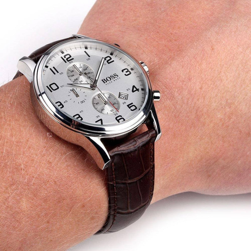 Hugo Boss Aeroliner Chronoraph White Dial Brown Leather Strap Watch For Men - 1512447