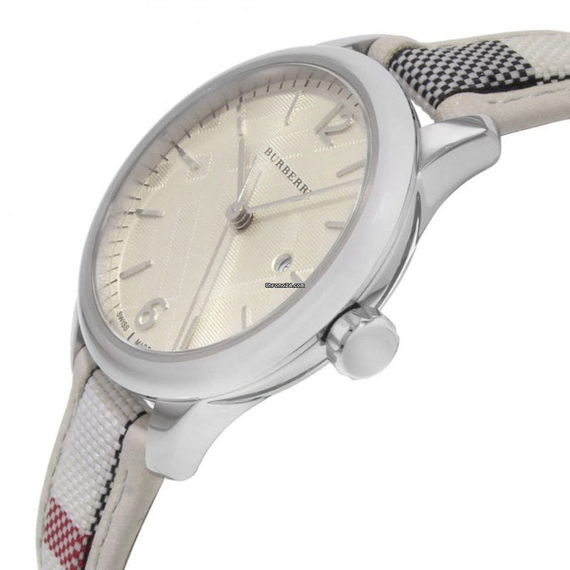 Burberry The Classic Guilloche Silver Dial Grey Leather Strap Watch for Women - BU10113