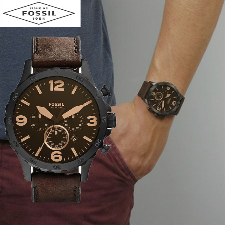 Fossil Nate Chronograph Brown Dial Brown Leather Strap Watch for Men - JR1487