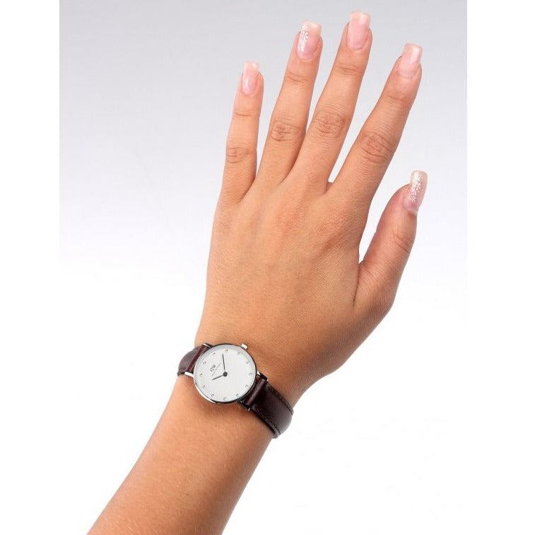 Daniel Wellington Classy Bristol White Dial Brown Leather Strap Watch For Women - DW00100070