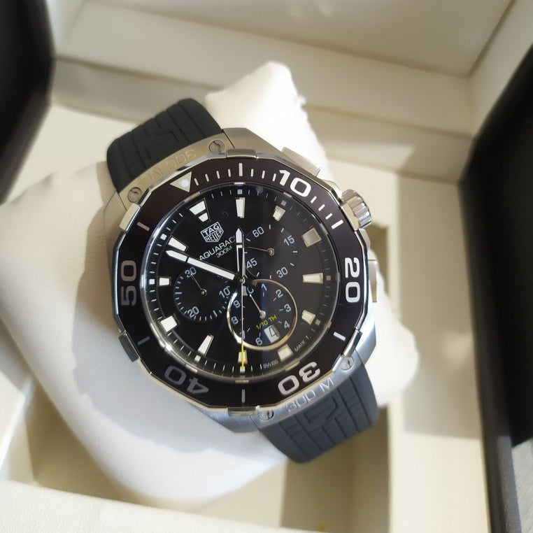 Tag Heuer Carrera Aquaracer Quartz Chronograph Black Dial Black Rubber Strap Watch for Men - CAY111A.FT6041
