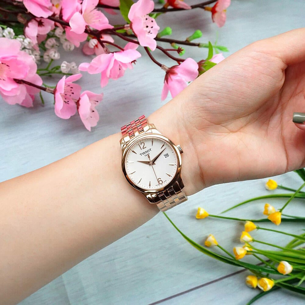 Tissot T Classic Tradition Lady White Dial Rose Gold Steel Strap Watch for Women - T063.210.33.037.00