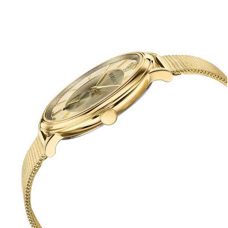 Versace V Circle Quartz Gold Dial Gold Mesh Bracelet Watch For Men - VBP07017