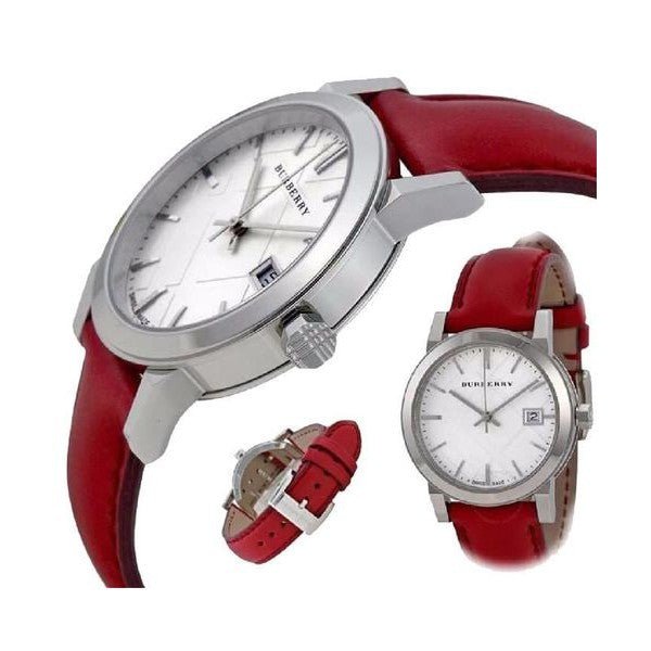 Burberry The City Silver Dial Red Leather Strap Watch for Women - BU9129