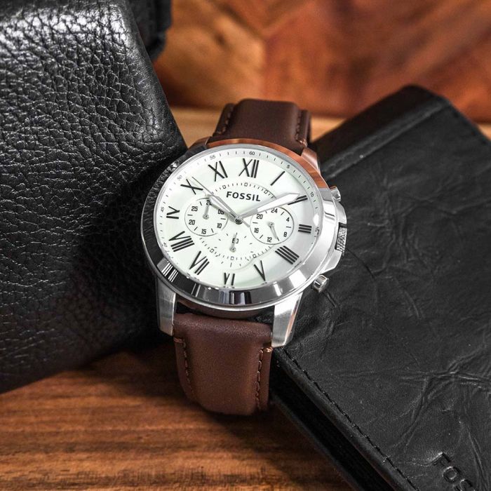 Fossil Grant Chronograph White Dial Brown Leather Strap Watch for Men - FS4735