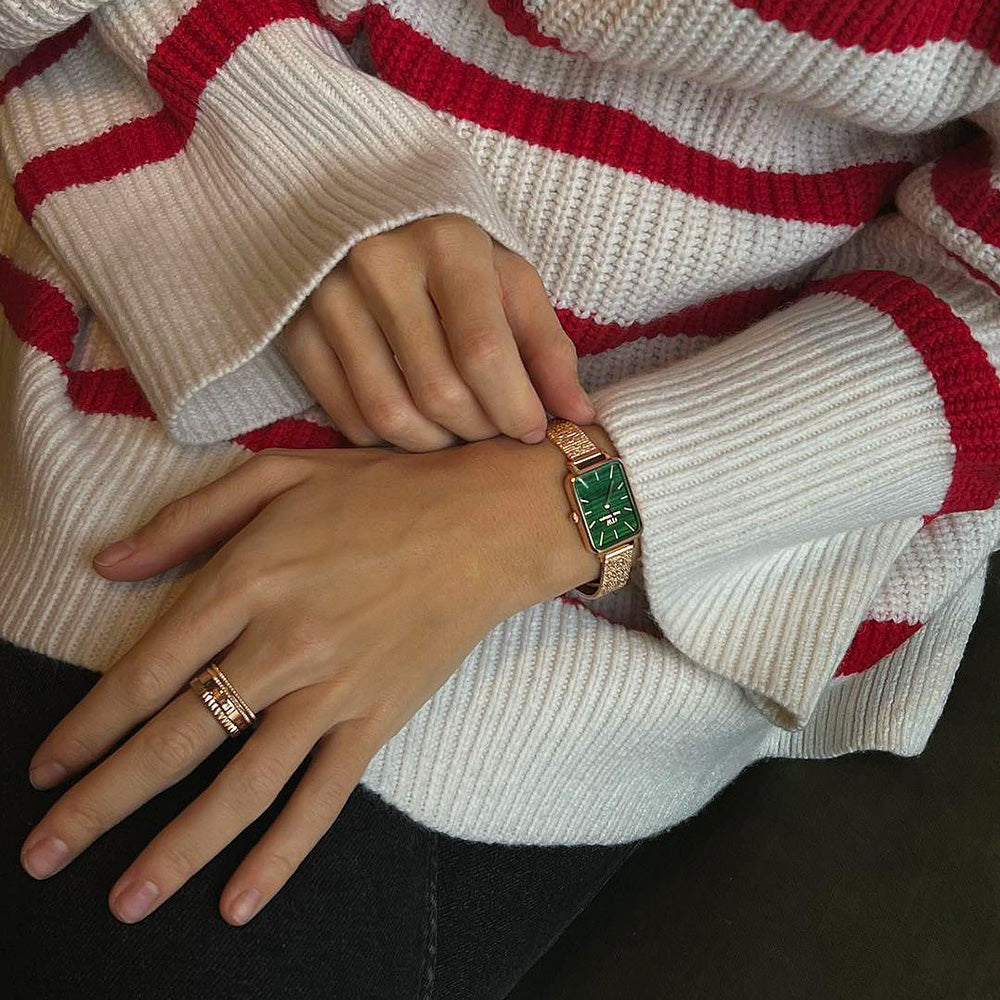 Daniel Wellington Quadro Melrose Green Dial Rose Gold Mesh Strap Watch For Women - DW00100437