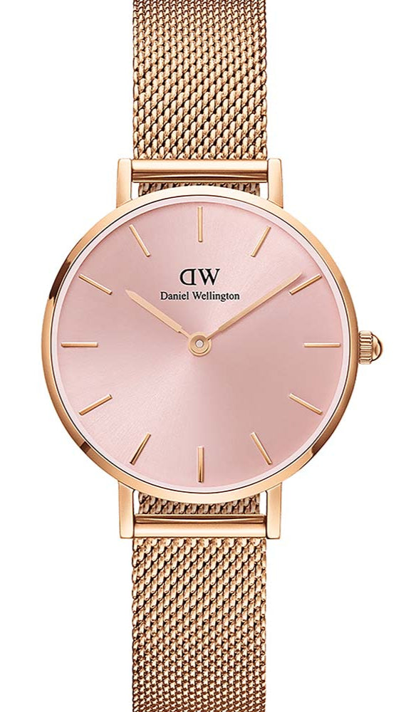Daniel Wellington Petite Melrose Pink Dial Rose Gold Mesh Strap Watch For Women - DW00100367