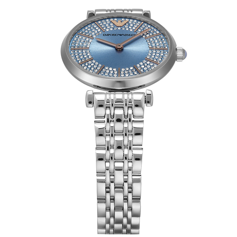 Emporio Armani Gianni T-Bar Quartz Blue Dial Silver Steel Strap Watch For Women - AR11594