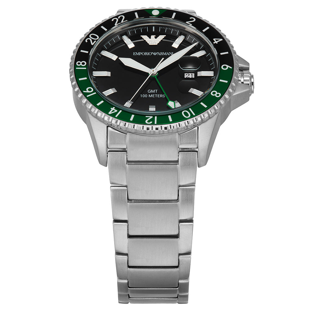 Emporio Armani Sea Explorer GMT Black Dial Silver Steel Strap Watch For Men - AR11589