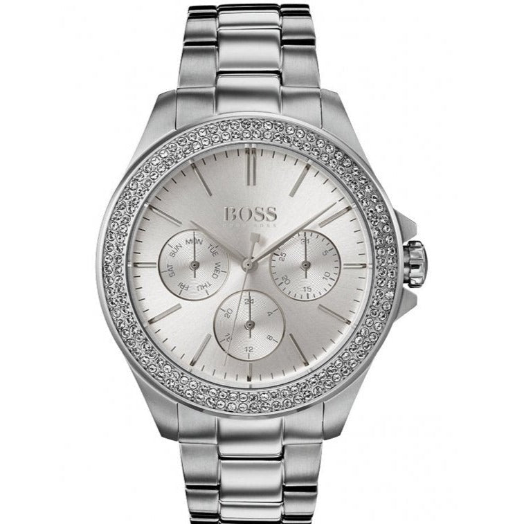 Hugo Boss Premiere Chronograph Silver Dial Silver Steel Strap Watch for Women - 1502442