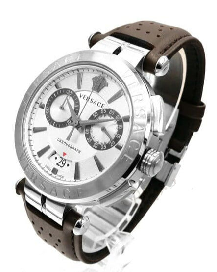 Versace Aion Chronograph White Dial Brown Leather Strap Watch for Men - VBR010017