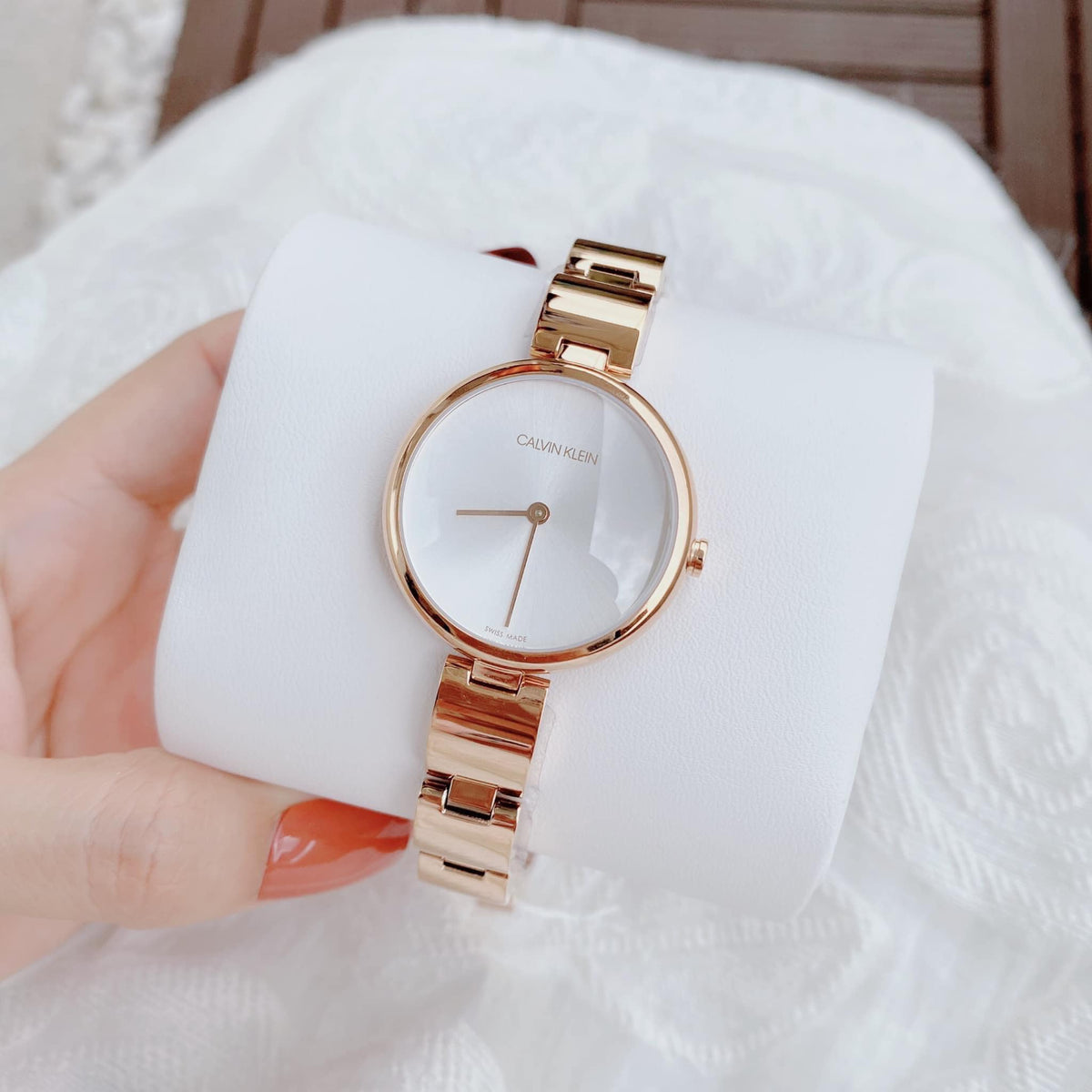 Calvin Klein Wavy White Dial Rose Gold Steel Strap Watch for Women - K9U23646