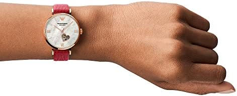 Emporio Armani Meccanico Gianni T-Bar Mother of Pearl White Dial Red Leather Strap Watch For Women - AR60048