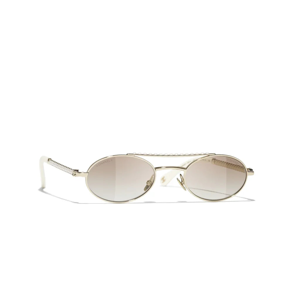 Chanel Women Oval Metal & Imitation Pearl Gold & Brown Gradient Sunglasses