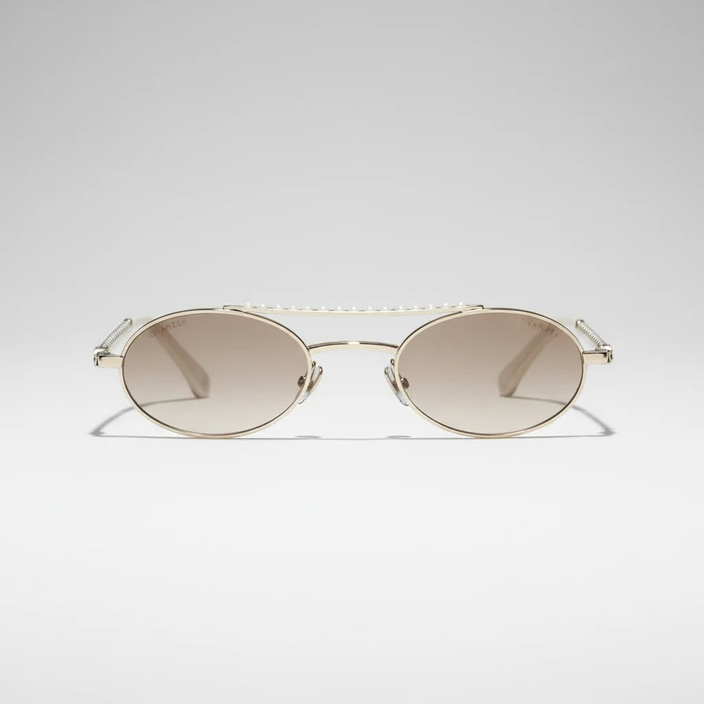 Chanel Women Oval Metal & Imitation Pearl Gold & Brown Gradient Sunglasses