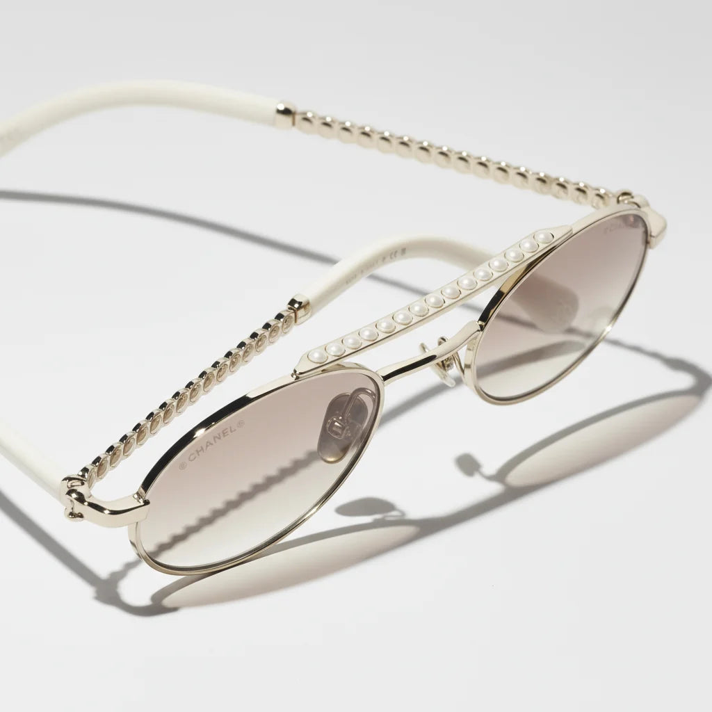 Chanel Women Oval Metal & Imitation Pearl Gold & Brown Gradient Sunglasses