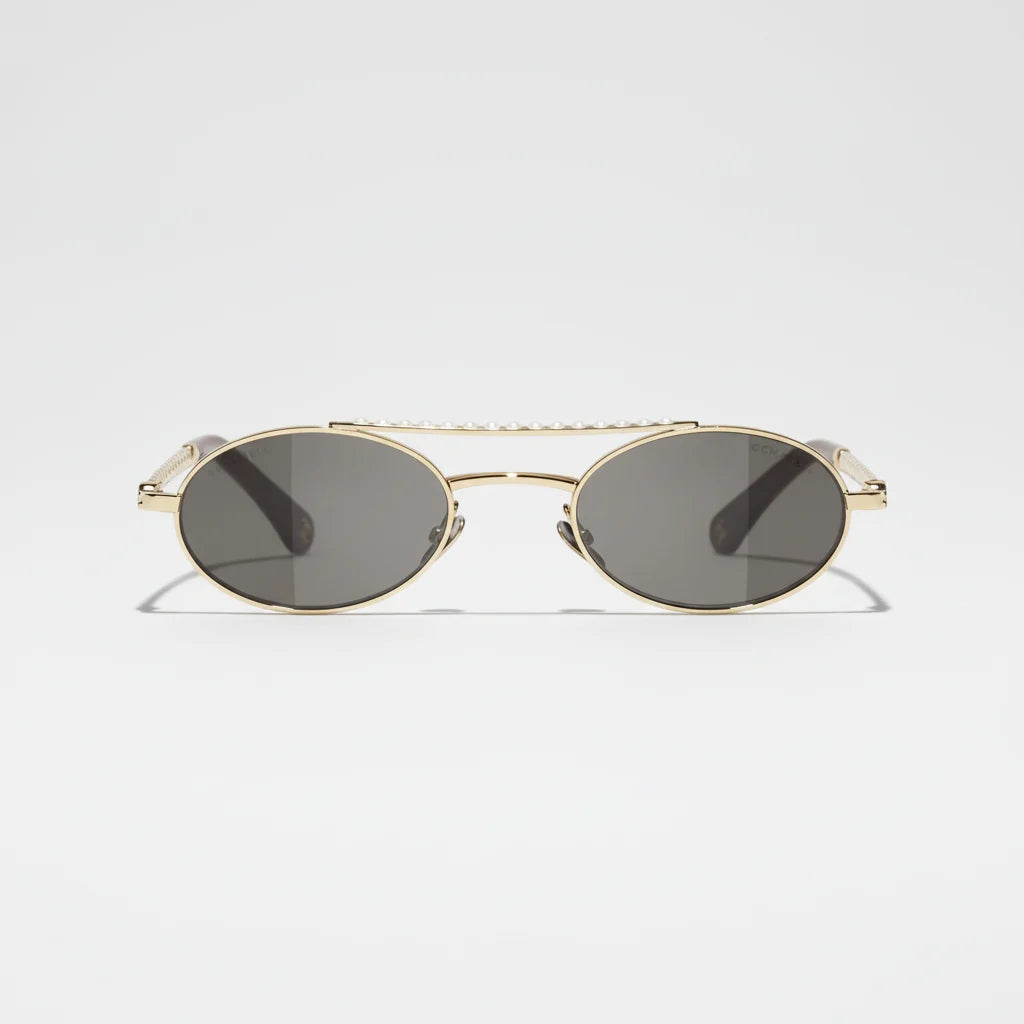 Chanel Women Oval Metal & Imitation Pearl Gold & Grey Sunglasses