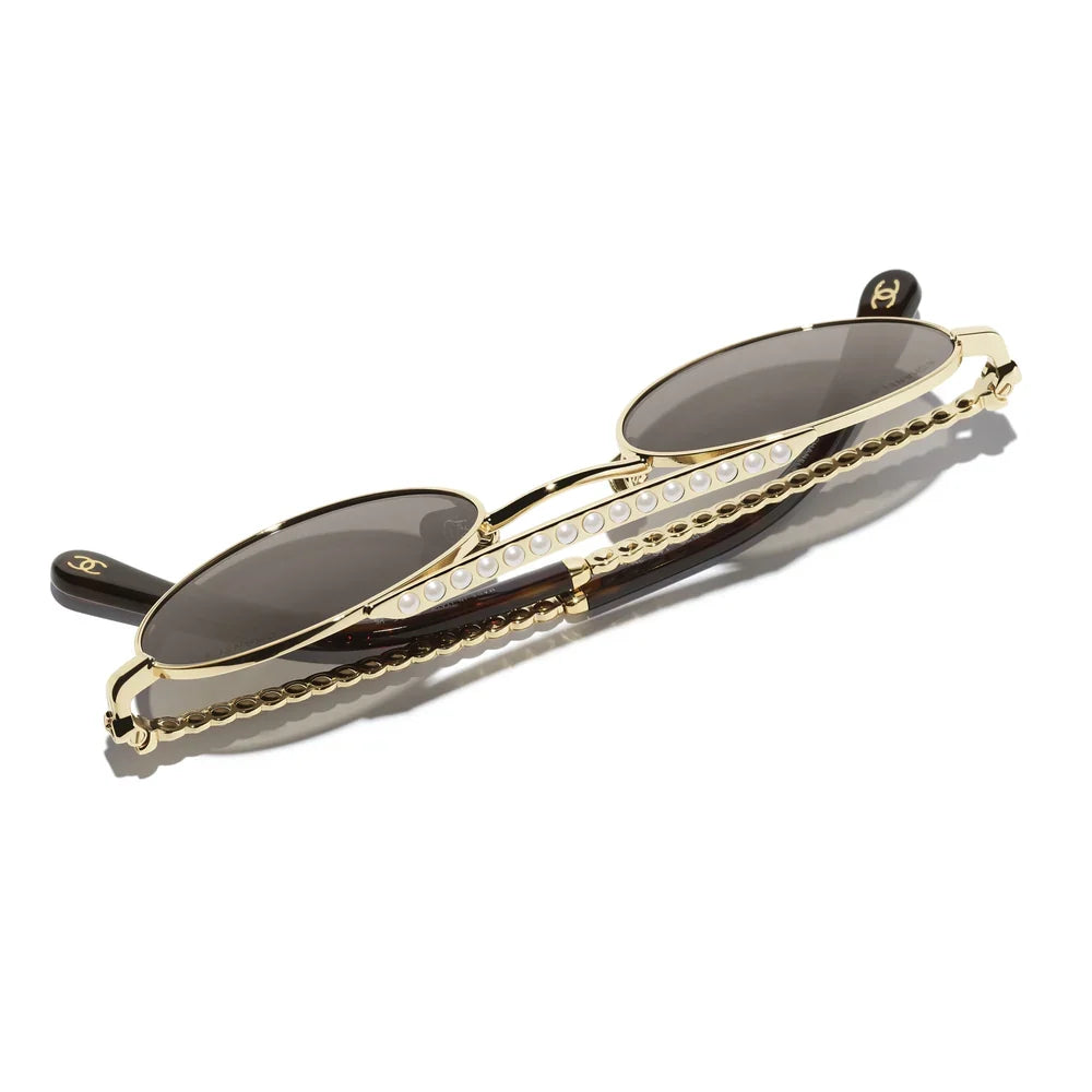 Chanel Women Oval Metal & Imitation Pearl Gold & Grey Sunglasses