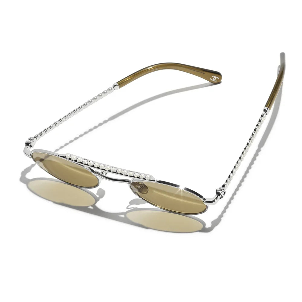 Chanel Women Oval Metal & Imitation Pearl Brown Sunglasses