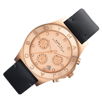 Marc Jacobs Blade Chronograph Rose Gold Dial Black Leather Strap Watch for Women - MBM1188