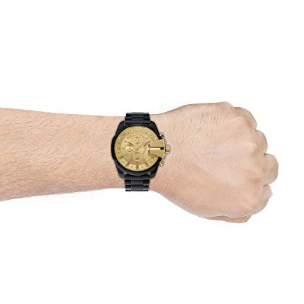 Diesel Mega Chief Chronograph Gold Dial Black Steel Strap Watch For Men - DZ4485