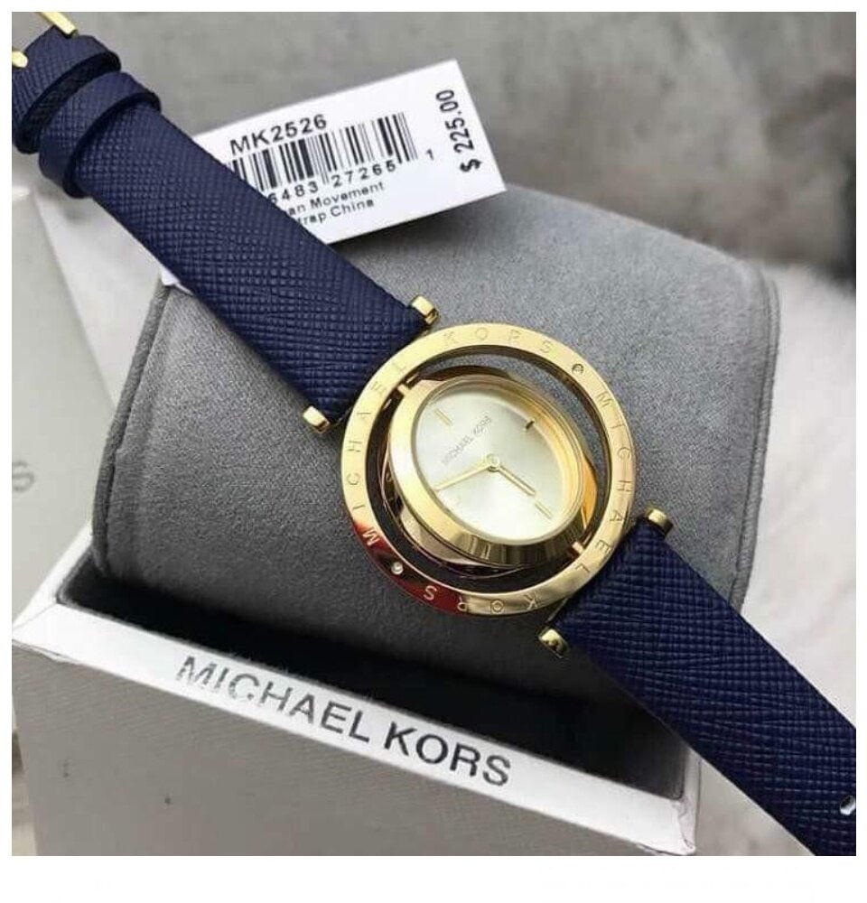 Michael Kors Averi Gold Dial Navy Blue Leather Strap Watch for Women - MK2526