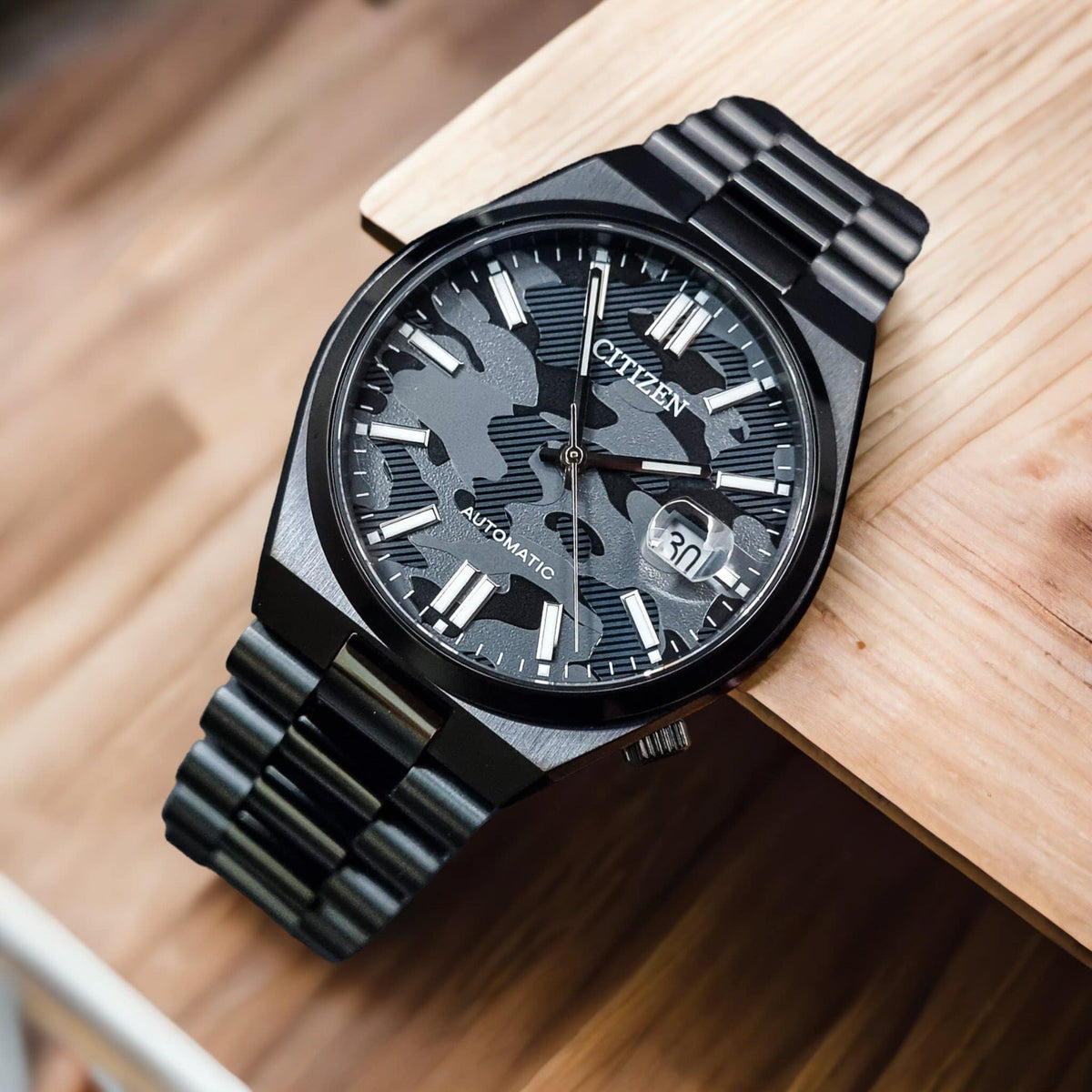 Citizen Tsuyosa Automatic Camouflage Black Dial Black Steel Strap Watch For Men - NJ0155-87E