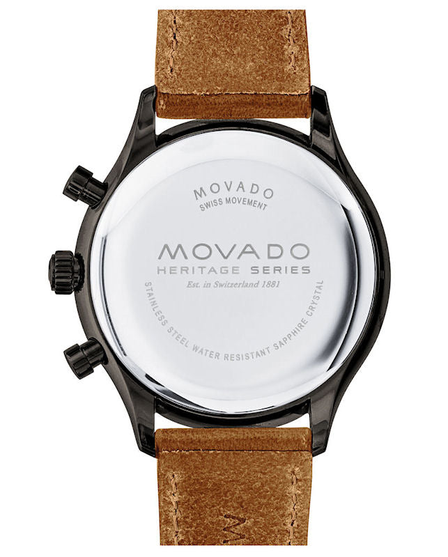 Movado Heritage Calendoplan Chronograph Black Dial Brown Leather Strap Watch for Men - 3650022