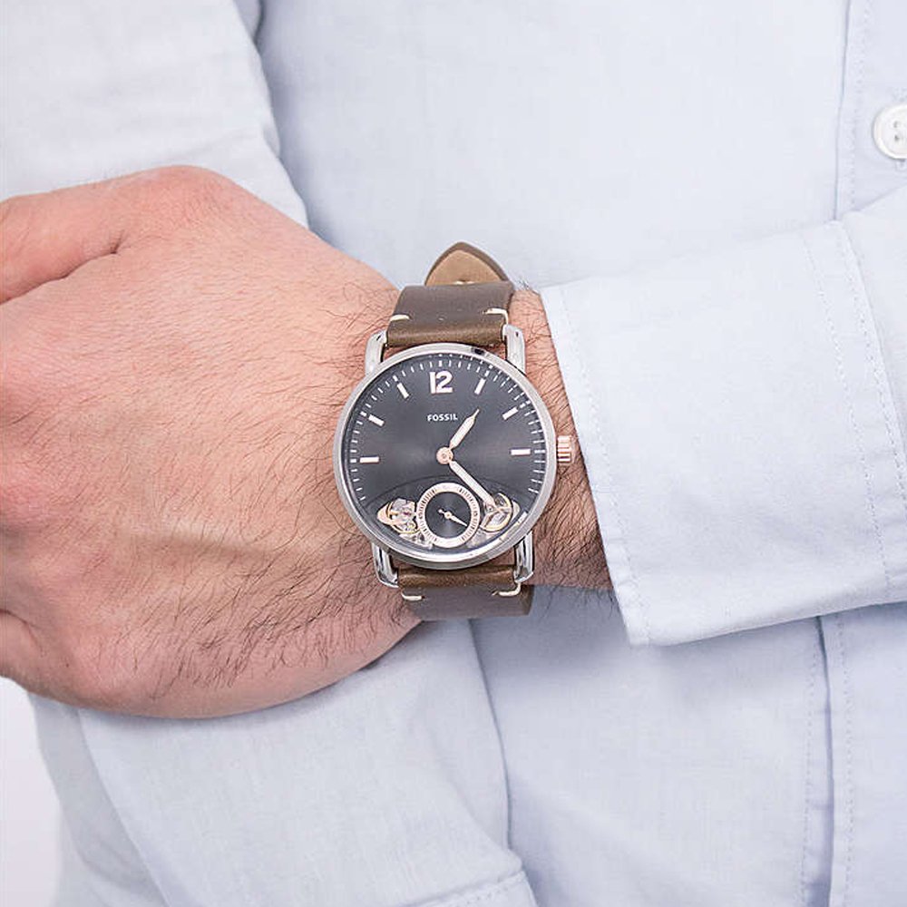 Fossil The Commuter Twist Black Dial Brown Leather Strap Watch for Men -  ME1165
