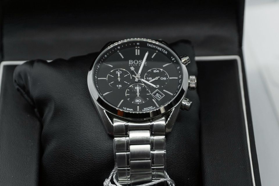 Hugo Boss Champion Chronograph Black Dial Silver Steel Strap Watch for Men - 1513871