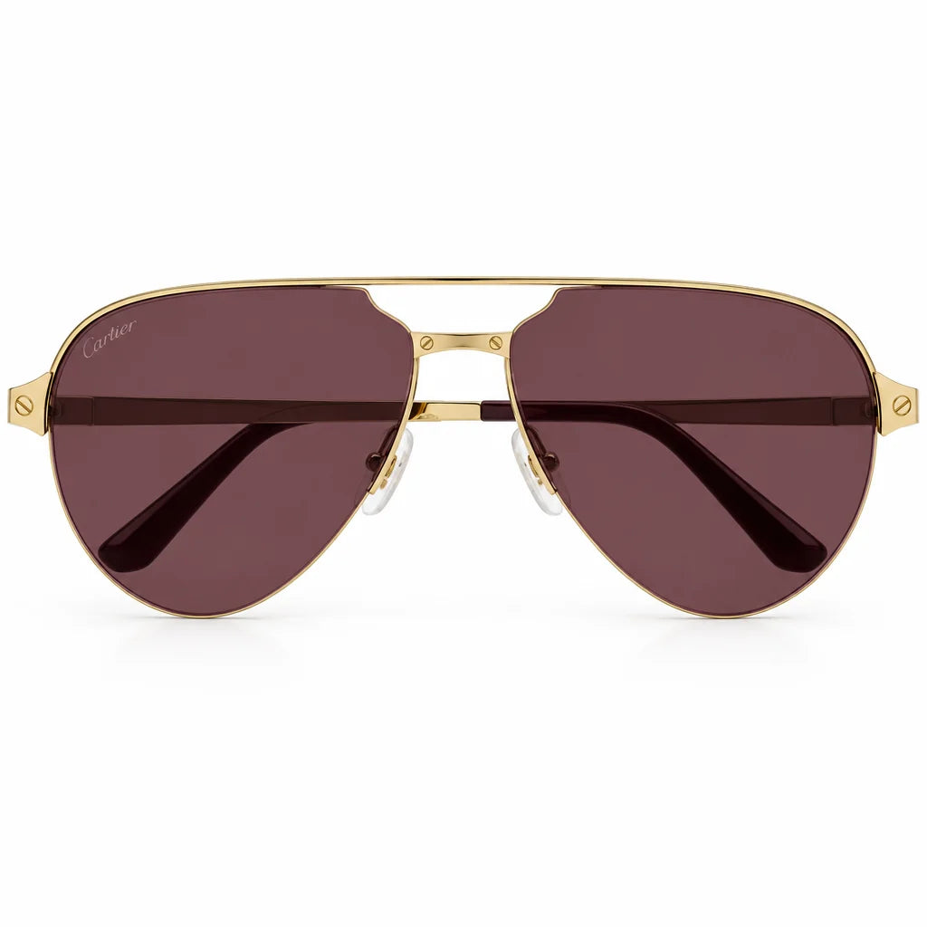 Cartier Santos De Men Pilot Brushed Gold Polarized Burgundy Sunglasses