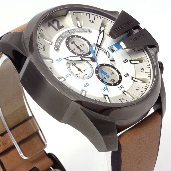 Diesel Mega Chief Chronograph White Dial Brown Leather Strap Watch For Men - DZ4280