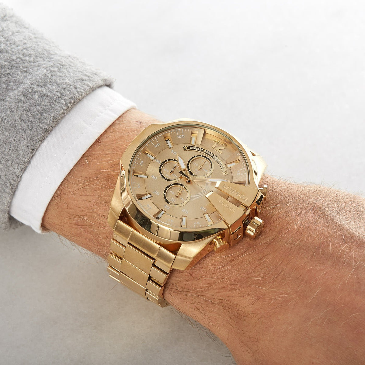 Diesel Mega Chief Chronograph Gold Dial Gold Steel Strap Watch For Men - DZ4360