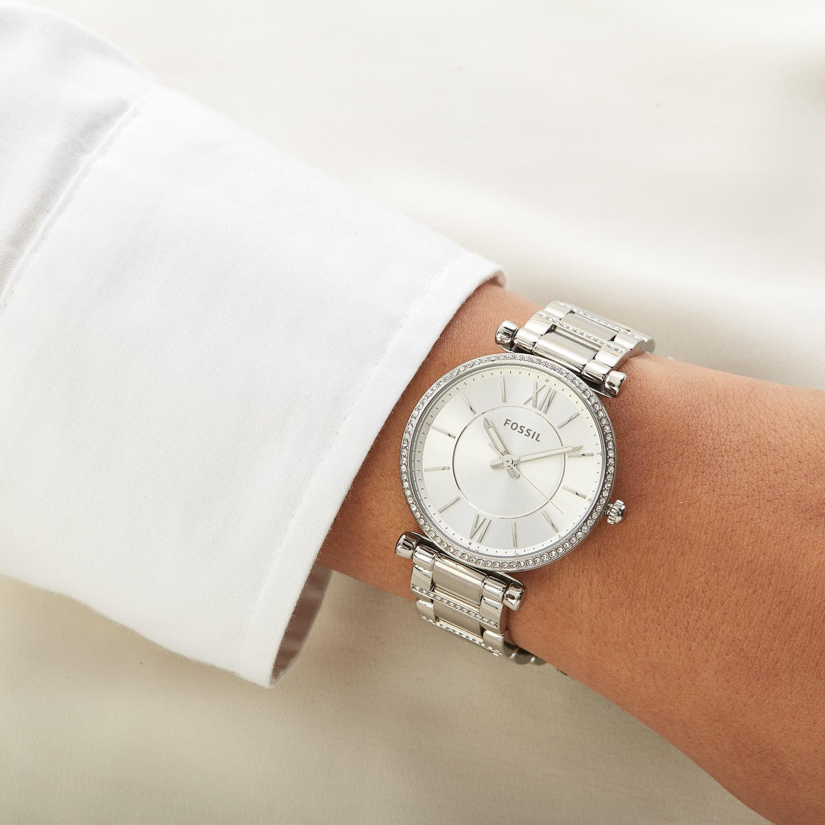 Fossil Carlie Silver Dial Silver Steel Strap Watch for Women - ES4341
