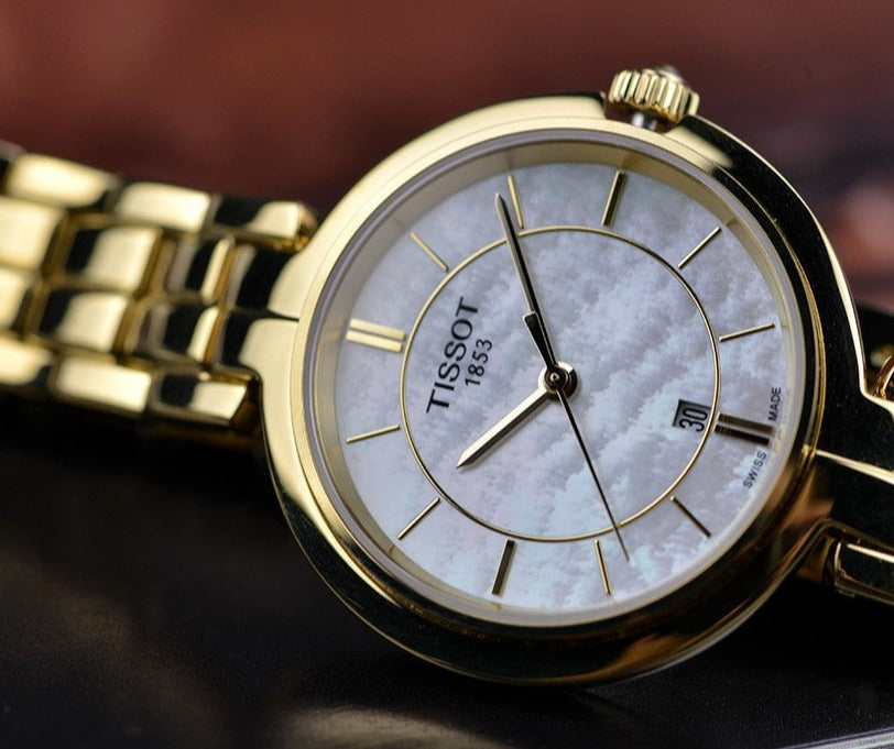Tissot Flamingo Mother of Pearl White Dial Gold Steel Strap Watch For Women - T094.210.33.111.00