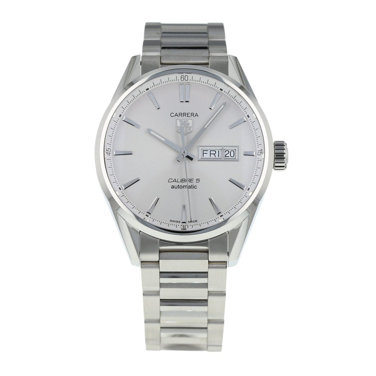Tag Heuer Carrera Calibre 5 Automatic White Dial Silver Steel Strap Watch for Men - WAR201B.BA0723