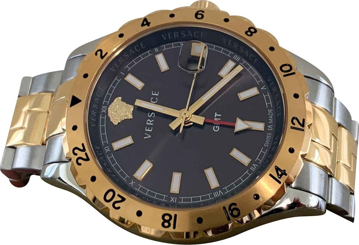 Versace Hellenyium GMT Black Dial Two Tone Steel Strap Watch for Men - V11040015