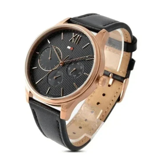 Tommy Hilfiger Damon Quartz Black Dial Black Leather Strap Watch for Men - 1791419