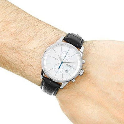 Hugo Boss Jet Silver Dial Black Leather Strap Watch for Men - 1513282
