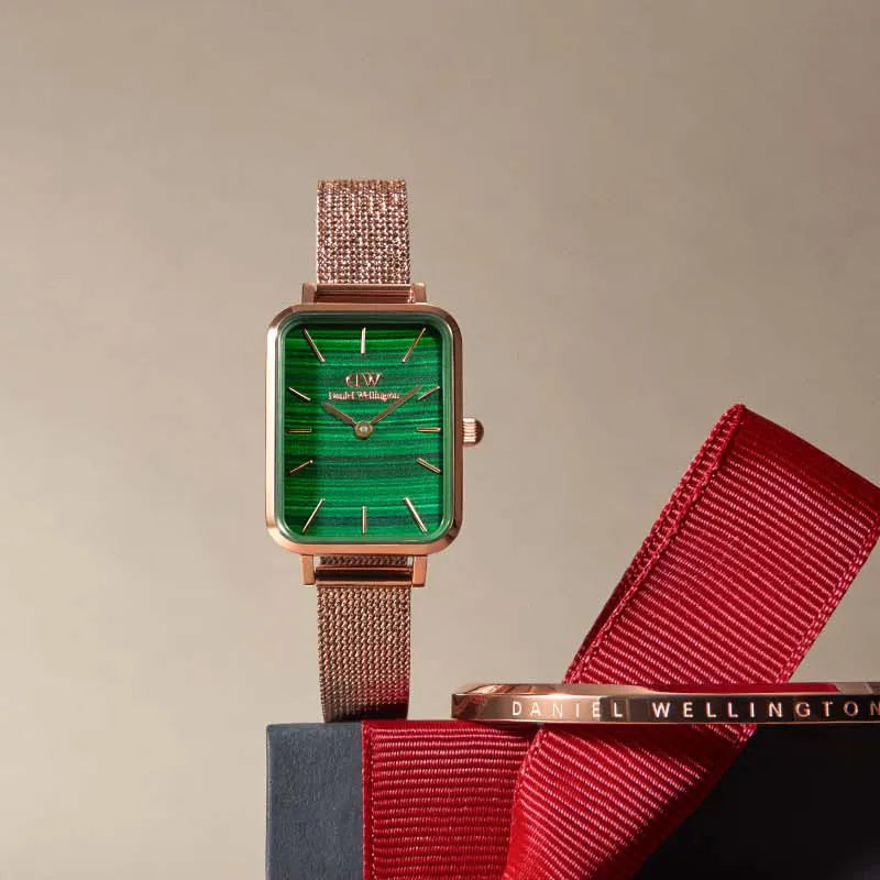 Daniel Wellington Quadro Melrose Green Dial Rose Gold Mesh Strap Watch For Women - DW00100437