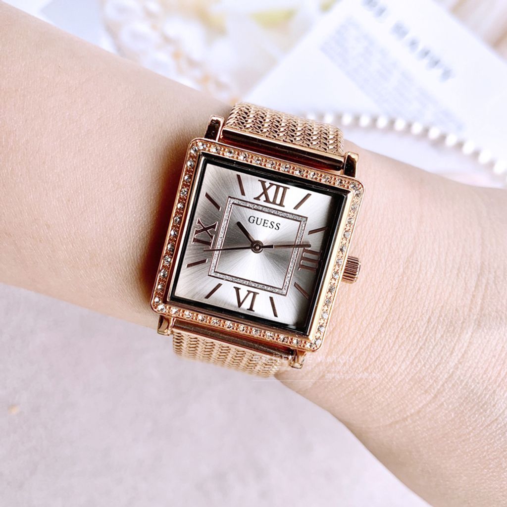 Guess Highline Off White Dial Rose Gold Stainless Steel Mesh Strap Watch For Women - W0826L3