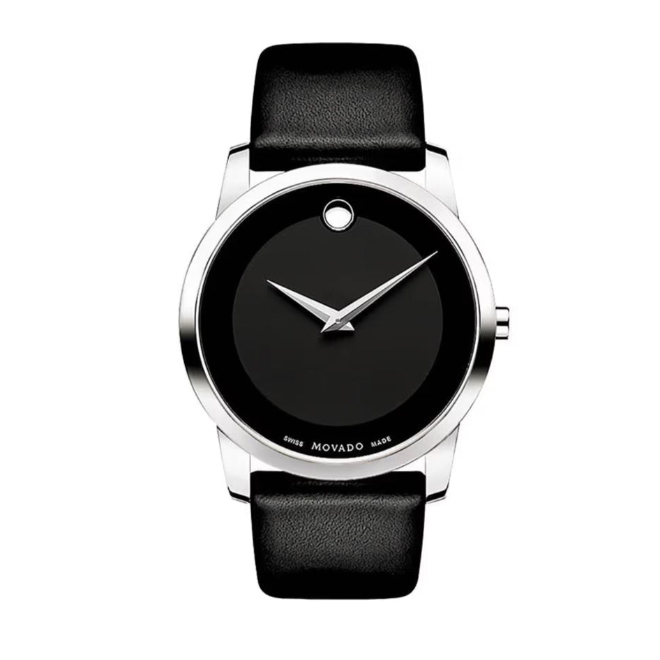 Movado Museum Black Dial Black Leather Strap Watch For Men - 606502