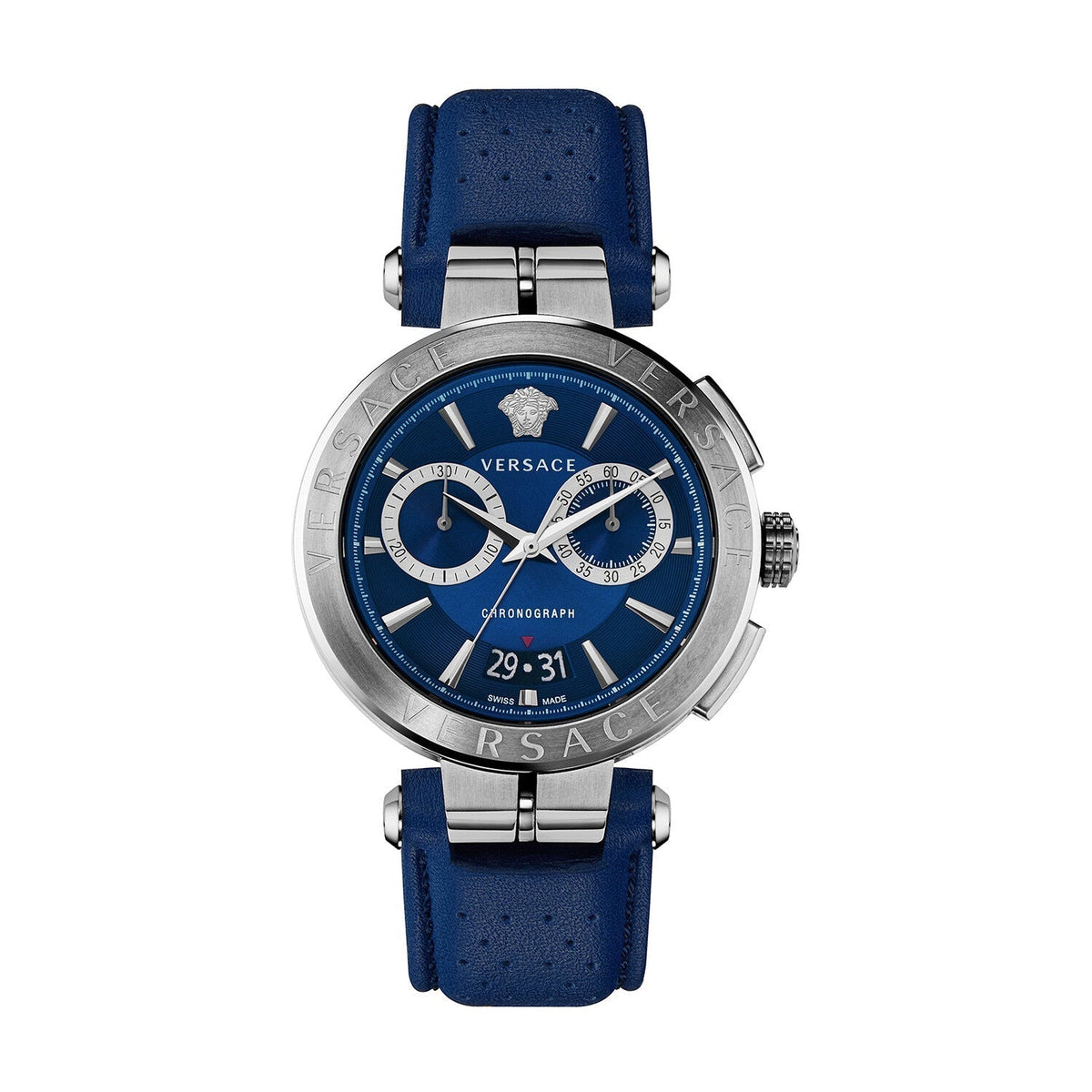 Versace Aion Chronograph Blue Dial Blue Leather Strap Watch for Men - VE1D01220