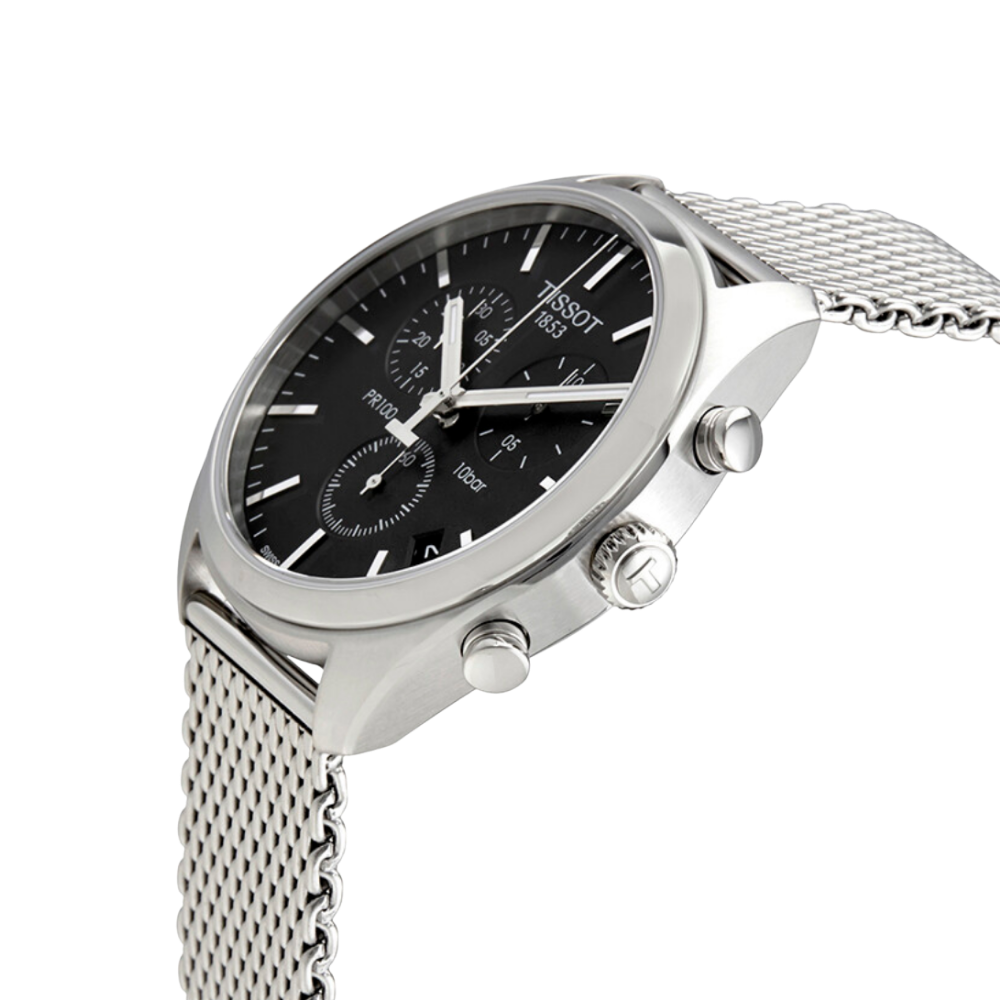 Tissot PR 100 Chronograph Black Dial Silver Mesh Bracelet Watch For Men - T101.417.11.051.01