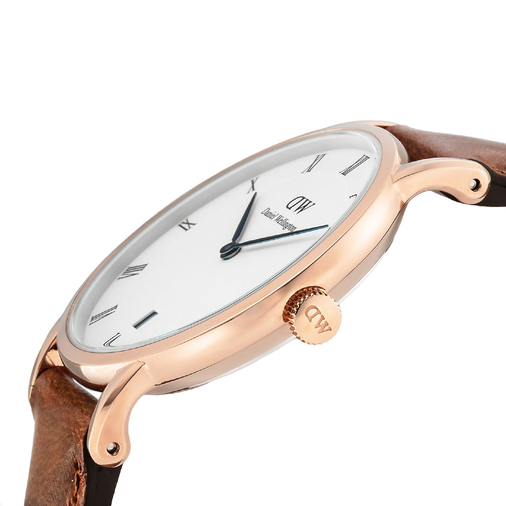 Daniel Wellington Dapper Durham White Dial Brown Leather Strap Watch For Women - DW00100113