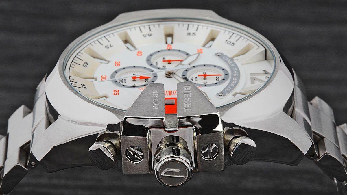 Diesel Mega Chief Chronograph White Dial Silver Steel Strap Watch For Men - DZ4328