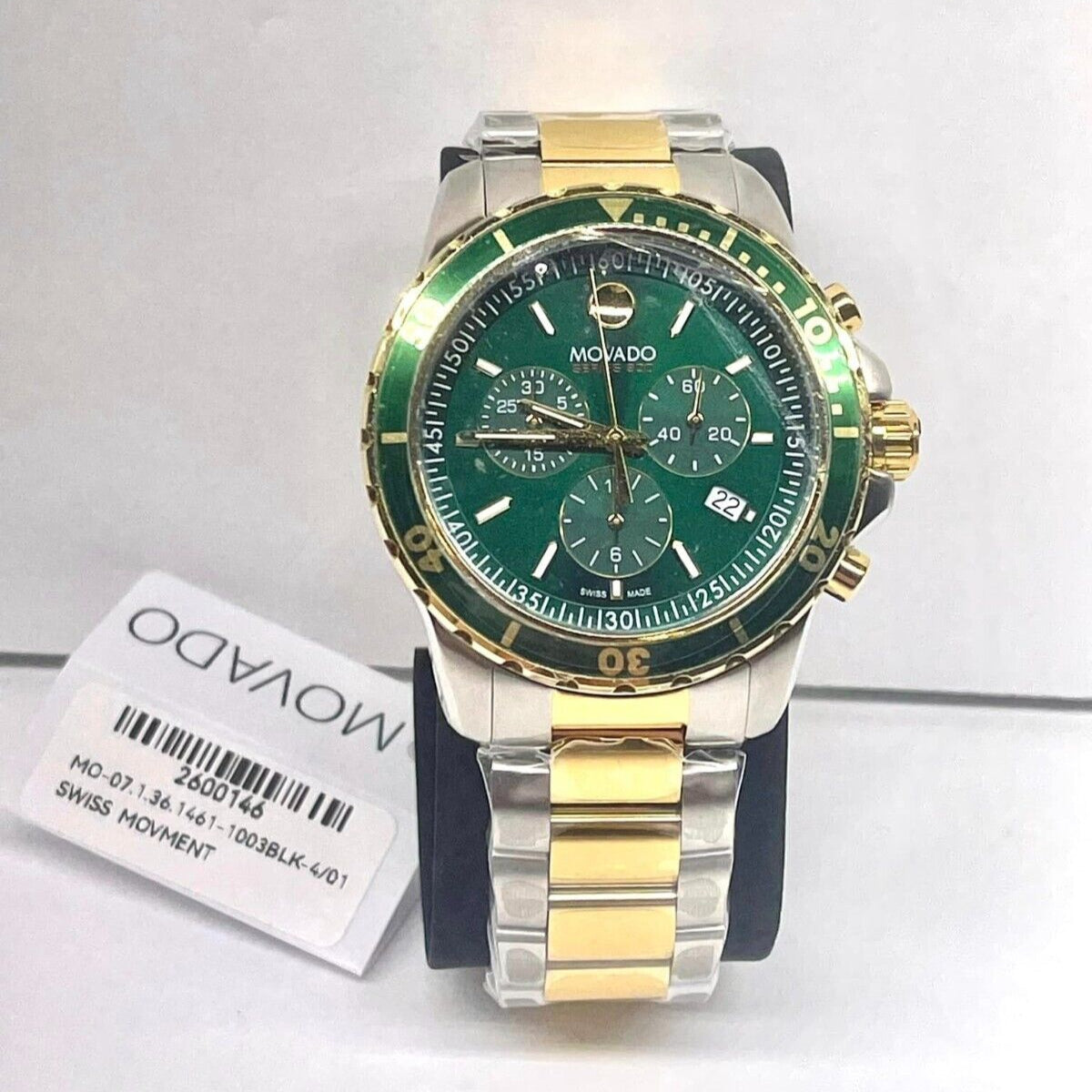 Movado Series 800 Chronograph Green Dial Two Tone Steel Strap Watch For Men - 2600148